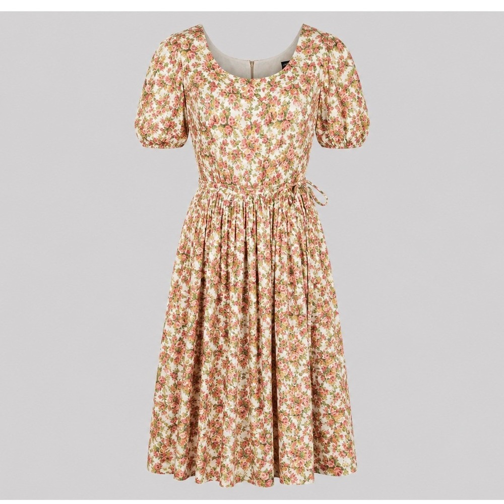 Olimpo Vintage Floral Cottagecore Midi Dress Pink Green USA Made Tie Waist S/M